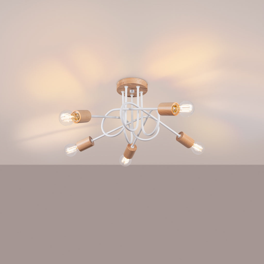Lustre Ember 5 bois et métal blanc E27 allumé