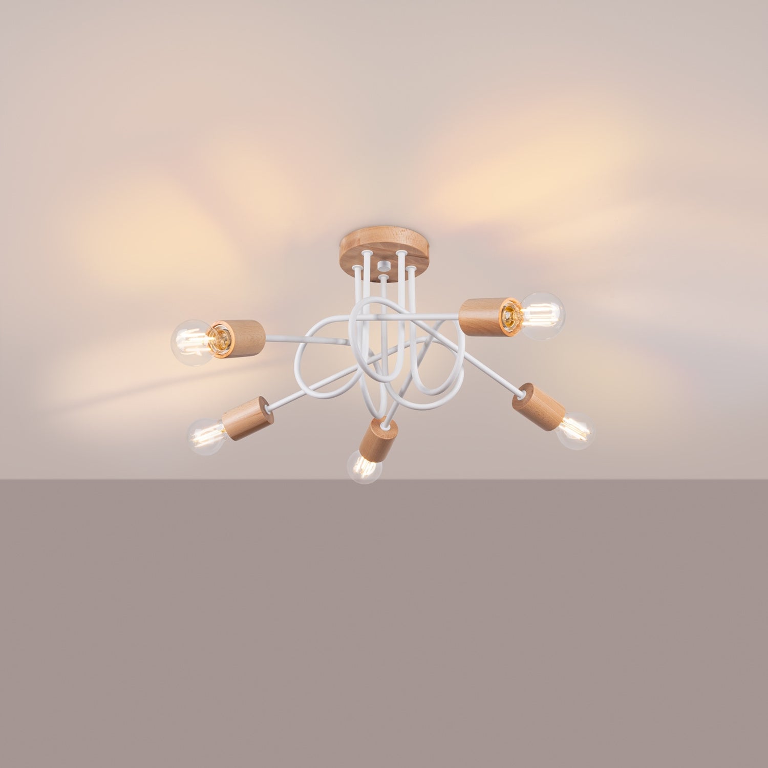 Lustre Ember 5 bois et métal blanc E27 allumé
