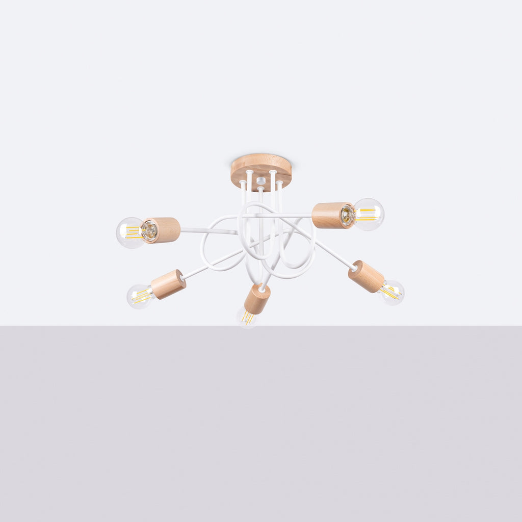 Lustre Ember 5 bois et métal blanc E27 de profil