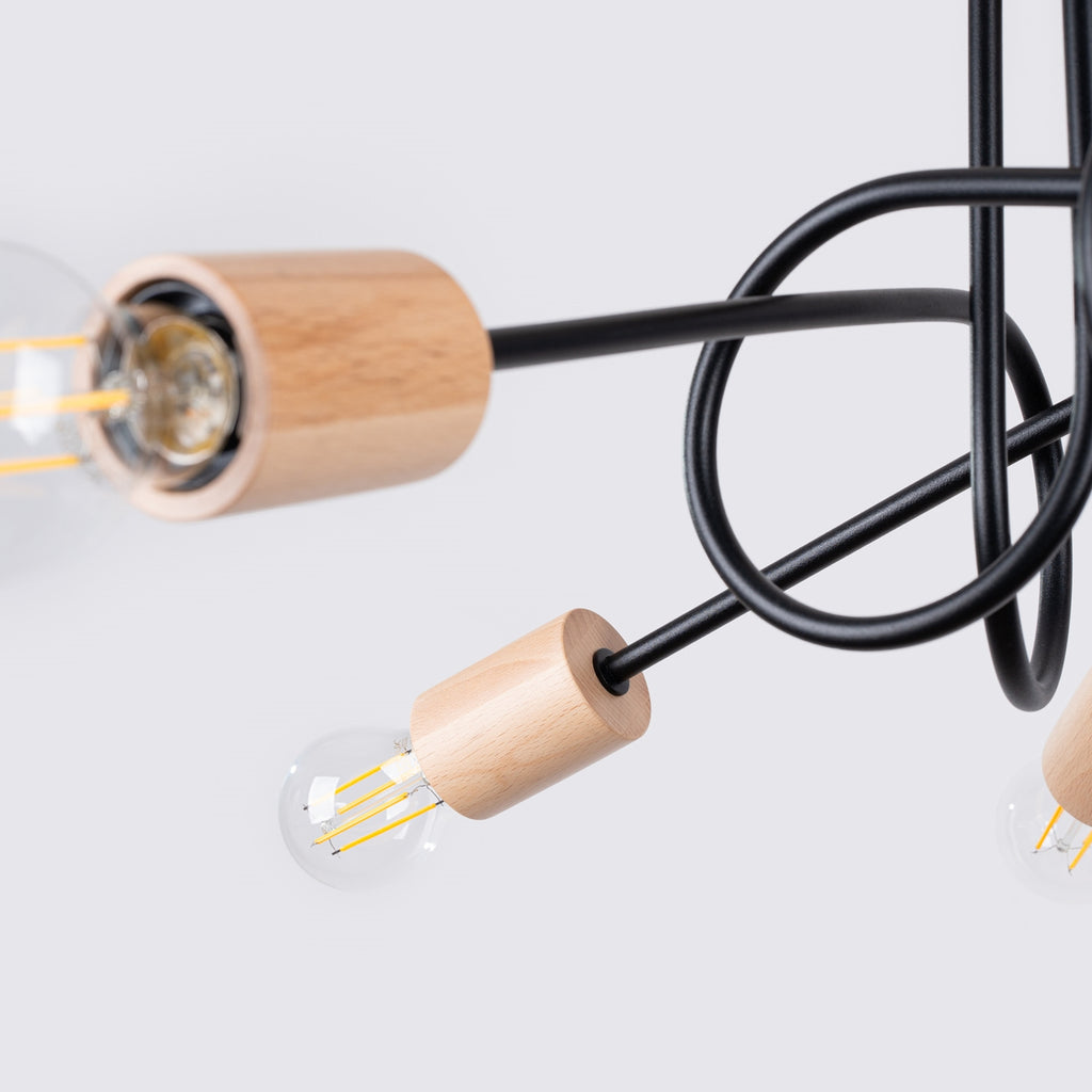 Lustre Ember 5 bois et métal noir E27, détail de la structure