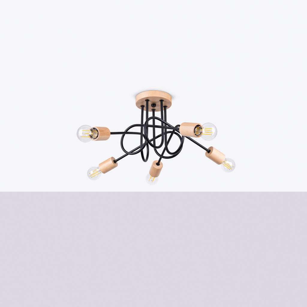 Lustre Ember 5 bois et métal noir E27 de profil