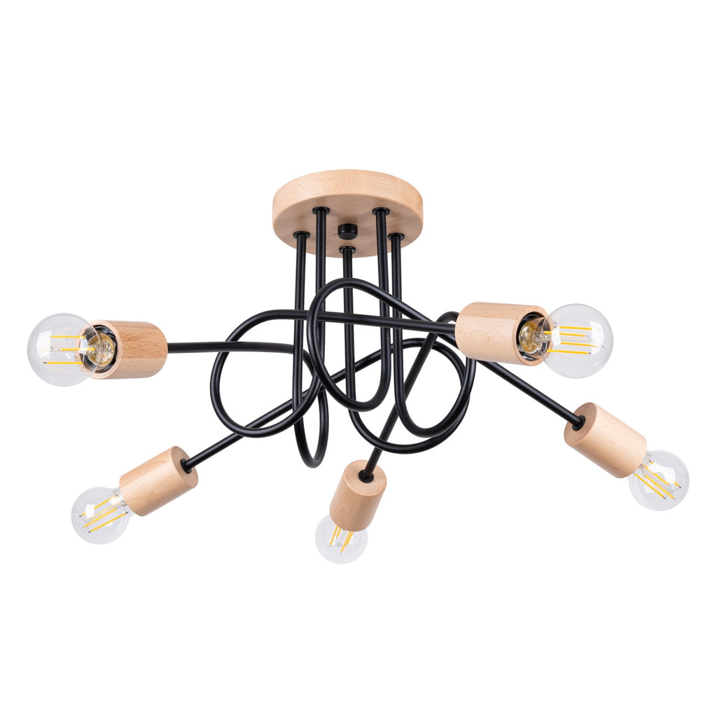 Lustre Ember 5 bois et métal noir E27, rosace bois et bras d'acier courbés