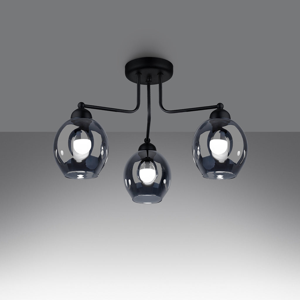 Lustre Fillan 3 verre fumé E27 allumé, ampoules E27 apparentes