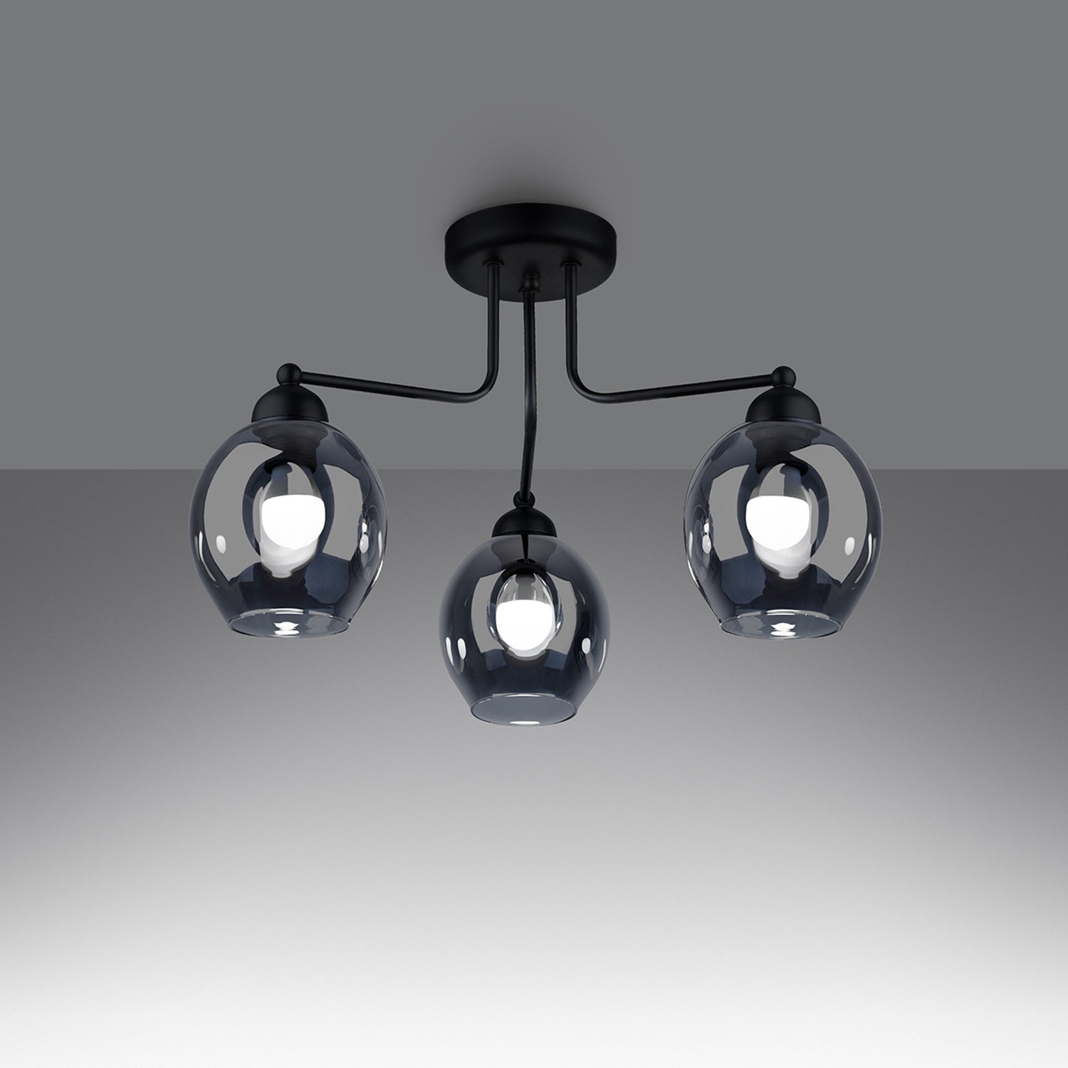 Lustre Fillan 3 verre fumé E27 allumé, ampoules E27 apparentes