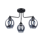 Lustre Fillan 3 verre fumé E27, trois globes ovoïdes de verre fumé sur bras d'acier noir évasés, ampoules E27 apparentes