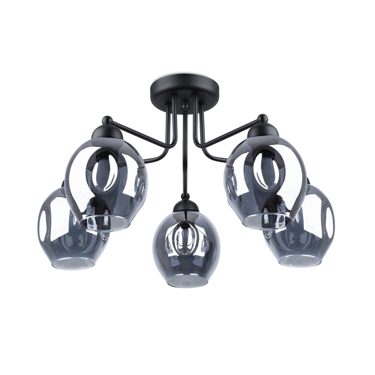Lustre Fillan à cinq globes en verre fumé bosselé sur des bras en acier noir disposés en étoile