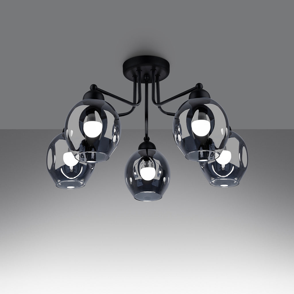 Lustre Fillan 5 verre fumé E27 allumé, ampoules E27 apparentes