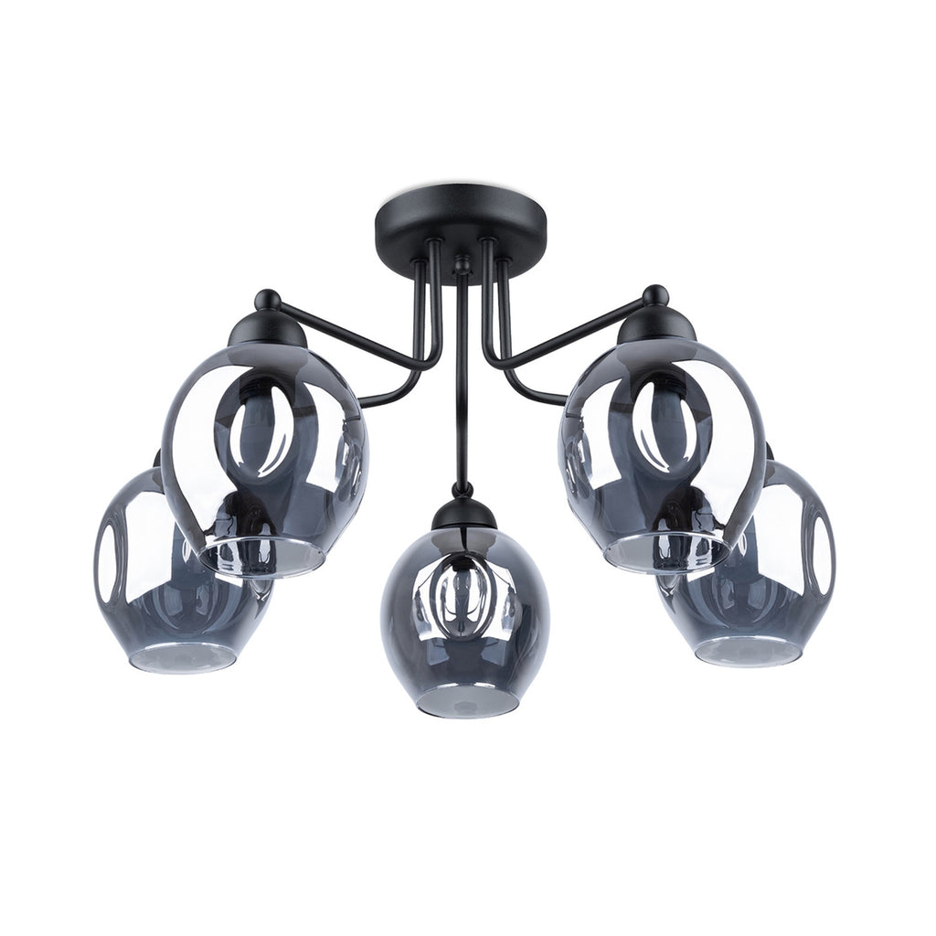 Lustre Fillan 5 verre fumé E27, cinq globes ovoïdes de verre fumé sur bras d'acier noir évasés, ampoules E27 apparentes
