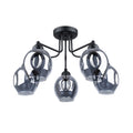 Lustre Fillan 5 verre fumé E27, cinq globes ovoïdes de verre fumé sur bras d'acier noir évasés, ampoules E27 apparentes