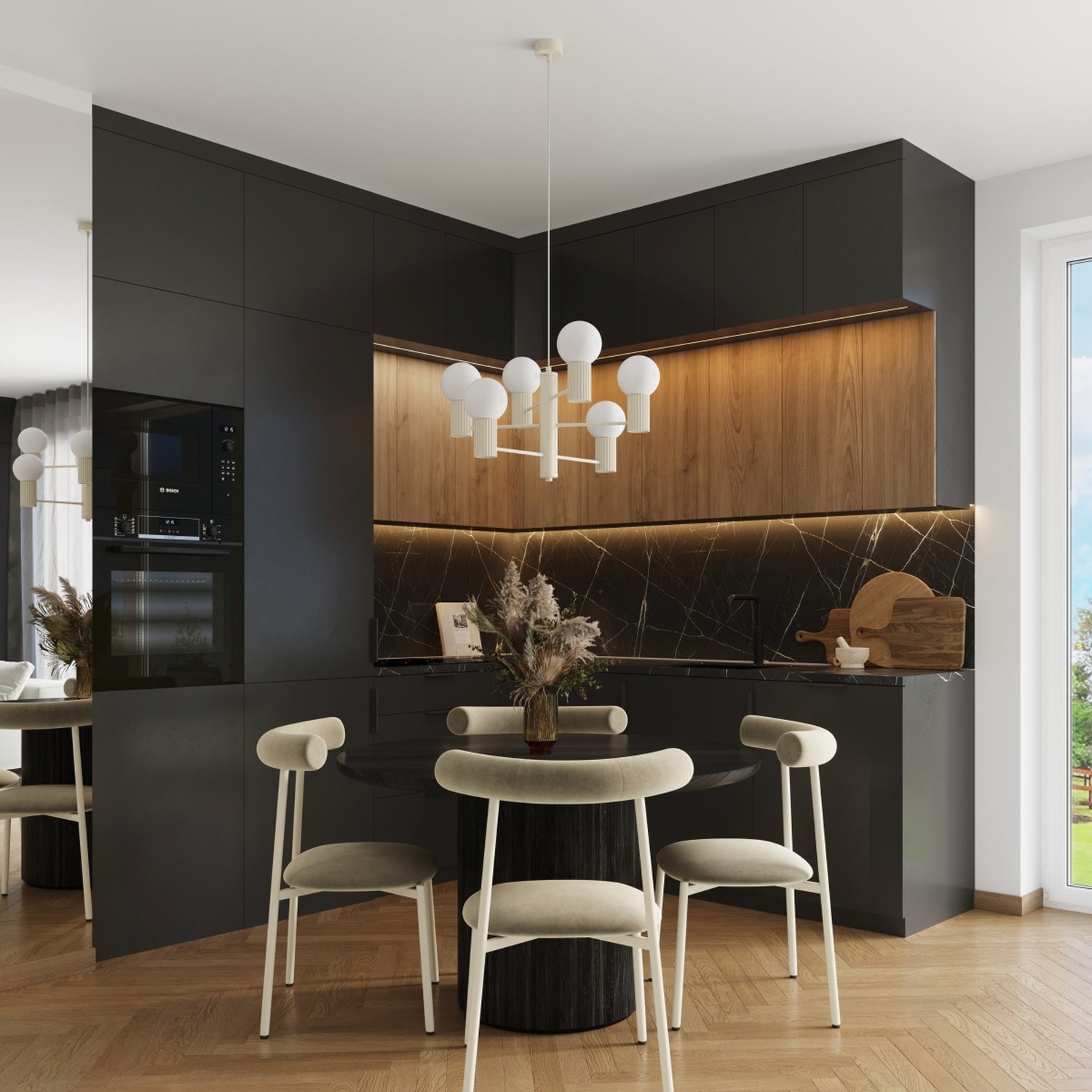 Lustre Halo 6 boules opale beige en situation