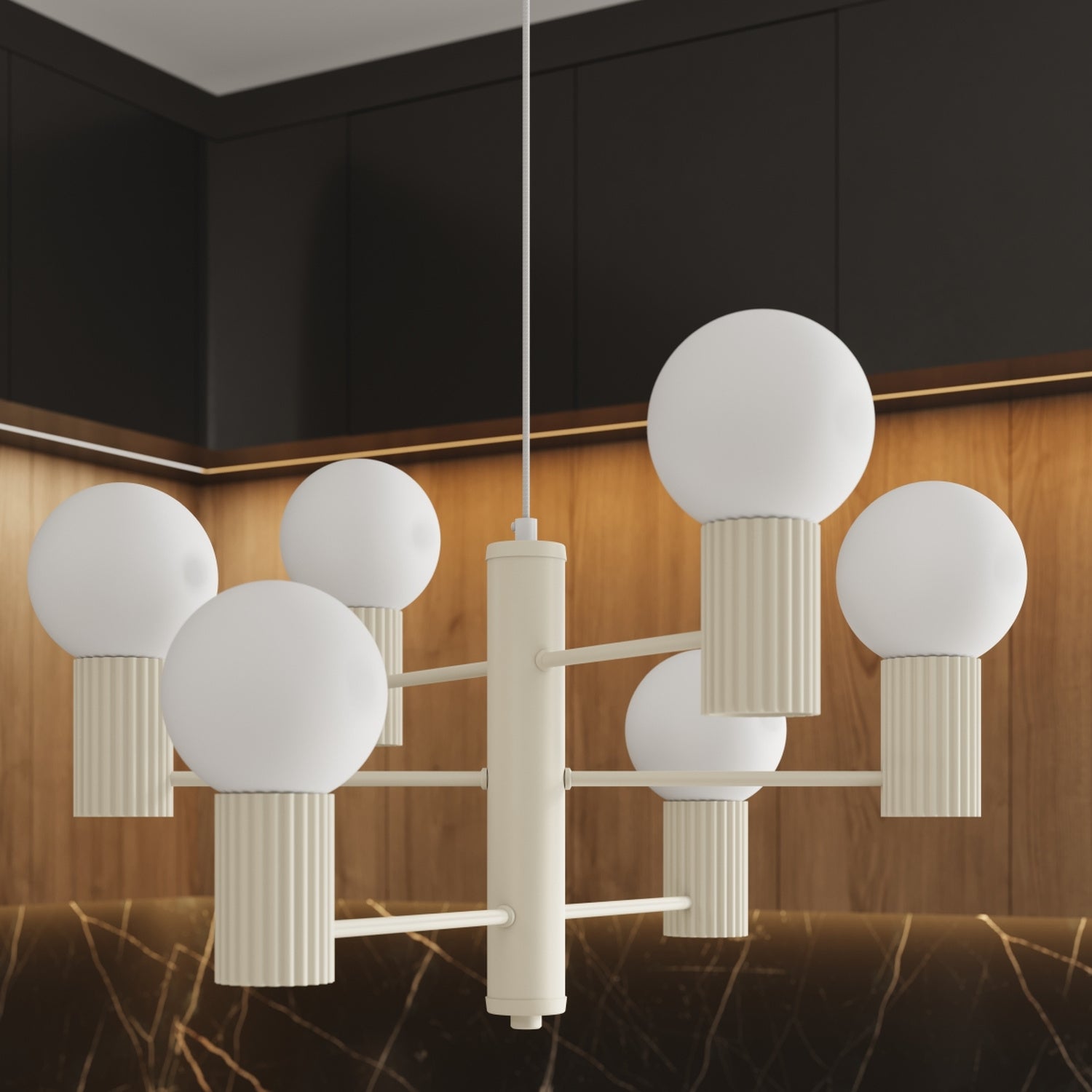 Lustre Halo 6 boules opale beige en ambiance