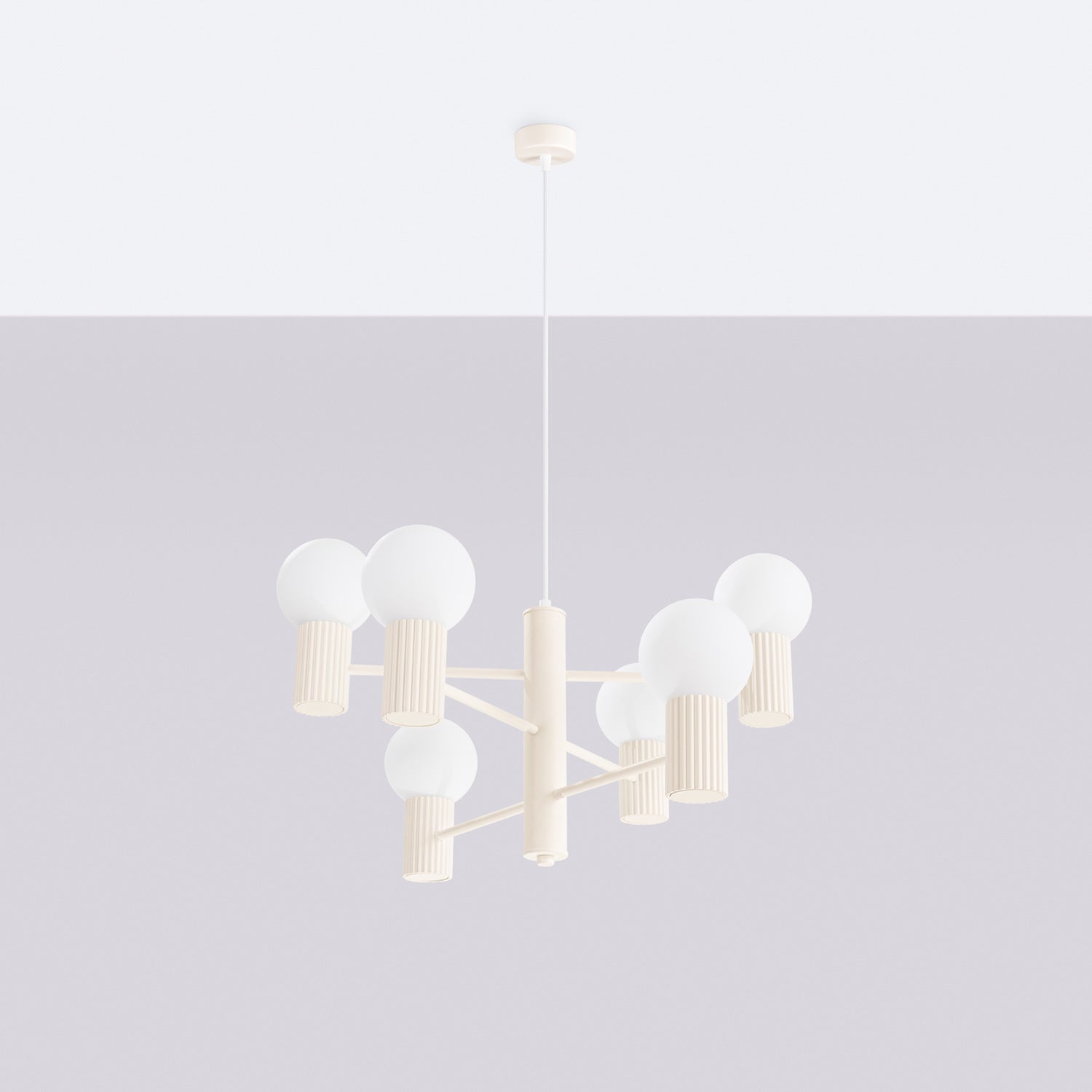 Lustre Halo 6 boules opale beige suspendu au plafond