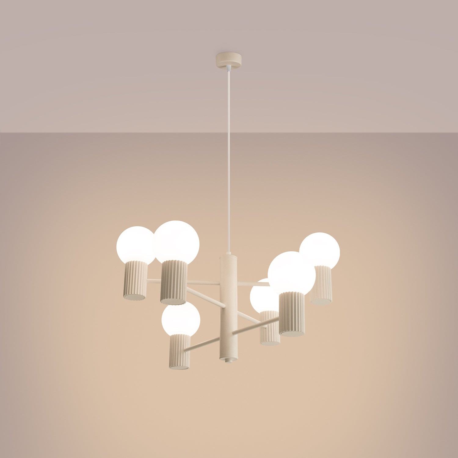 Lustre Halo 6 boules opale beige allumé, six globes diffusants