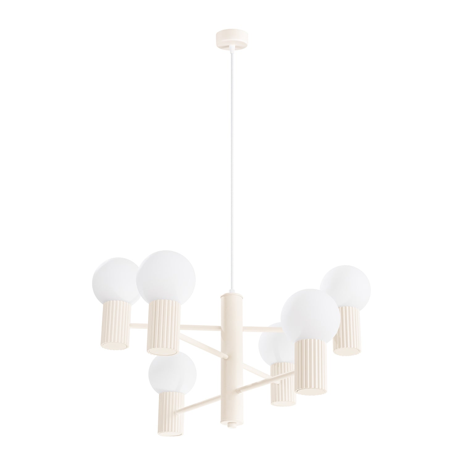 Lustre Halo 6 boules opale beige, six boules de verre opale sur bras étagés