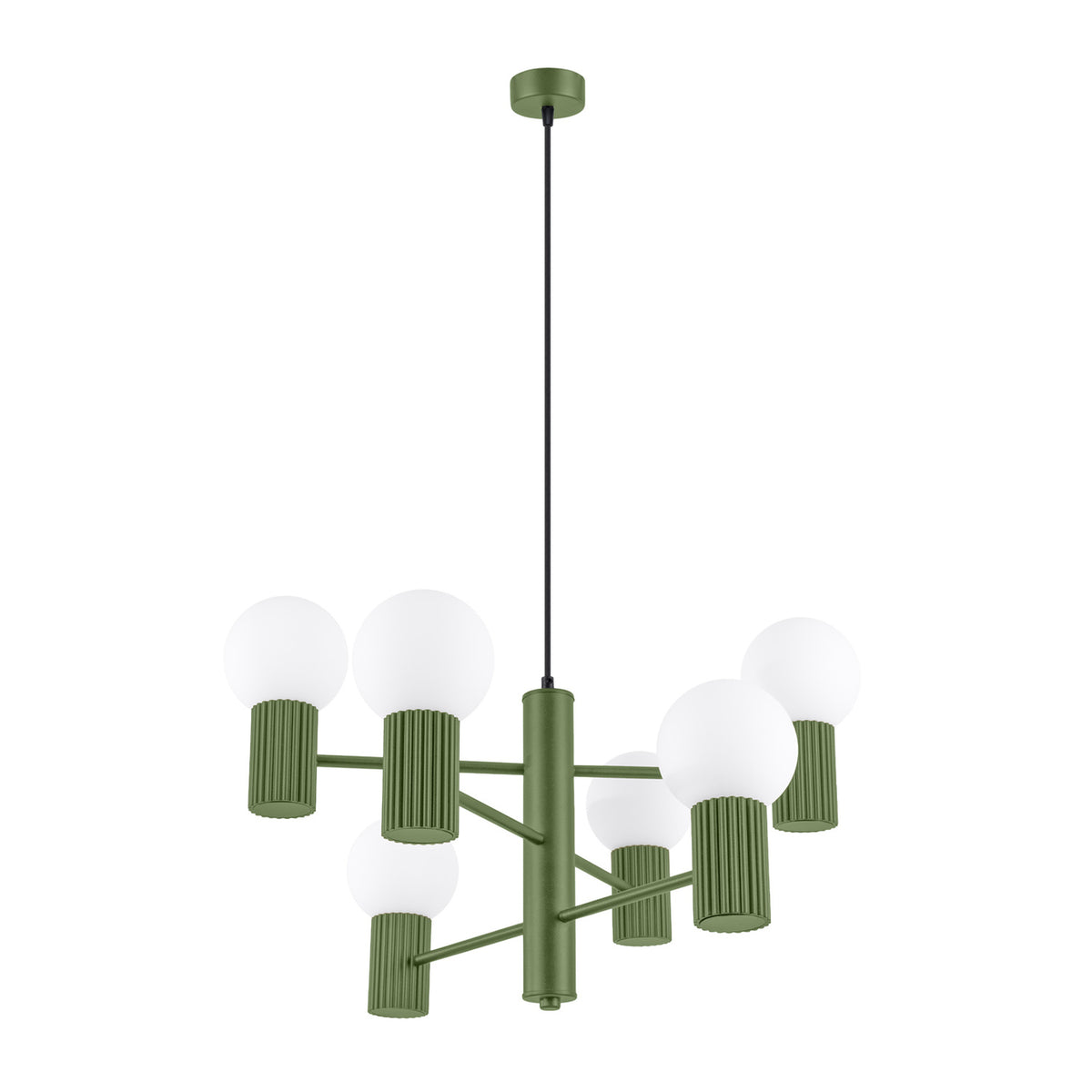 Lustre Halo 6 boules opale vert olive, six boules de verre opale sur bras étagés