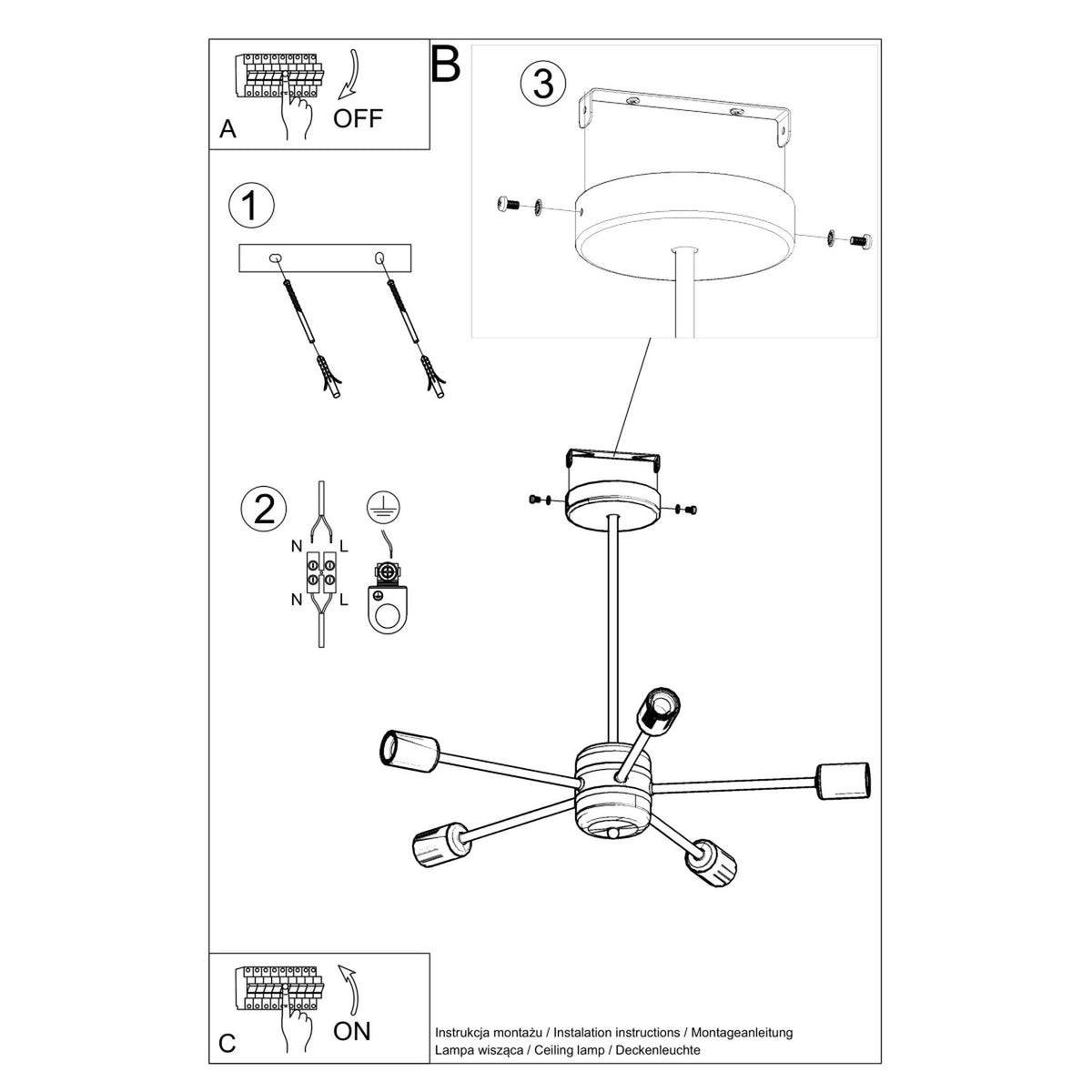Schéma de montage du lustre Lango fixation de la rosace au plafond et branchement électrique avec terre