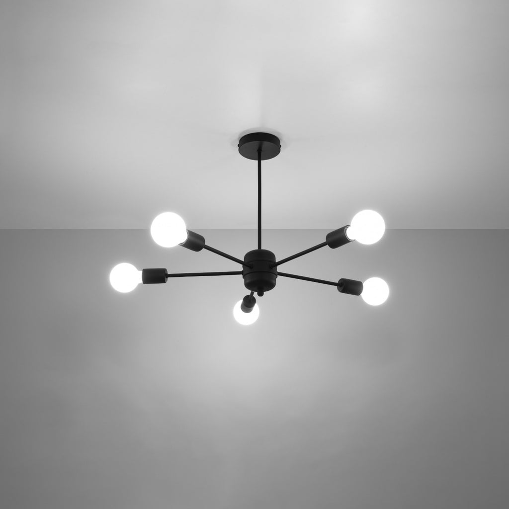 Lustre Lango 5 métal noir allumé, ampoules apparentes allumées