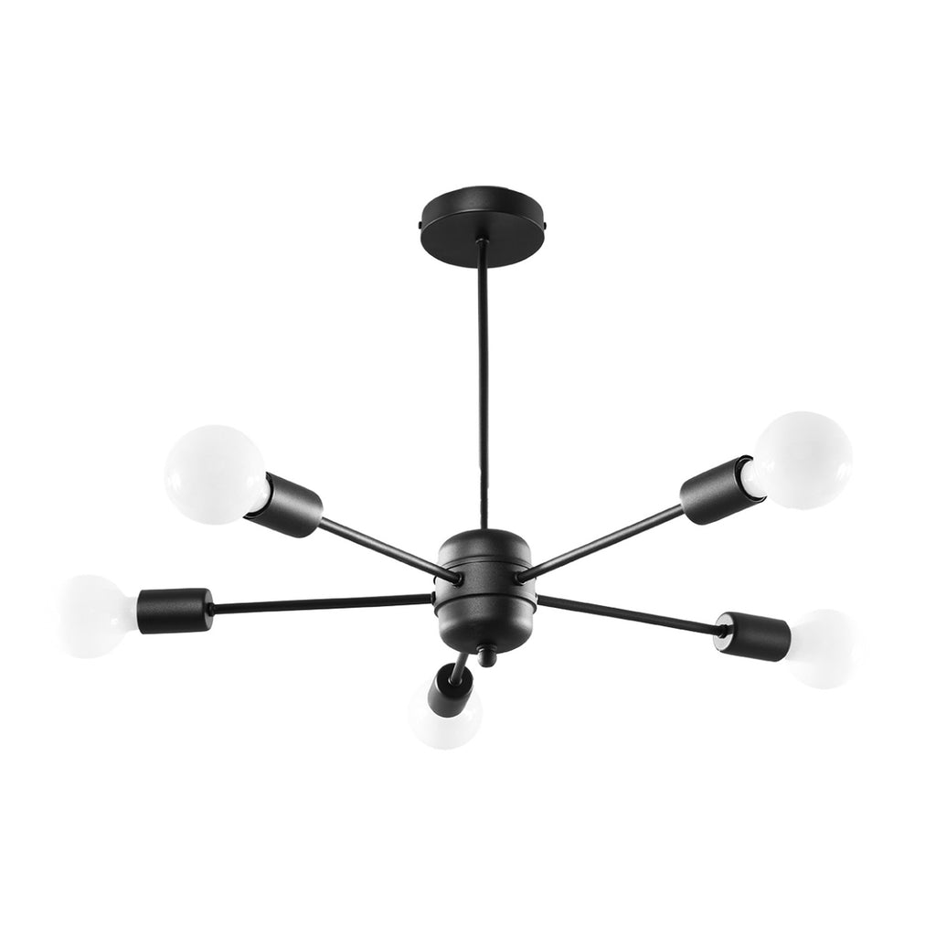 Lustre Lango 5 métal noir, cinq bras étoilés à ampoules E27 apparentes