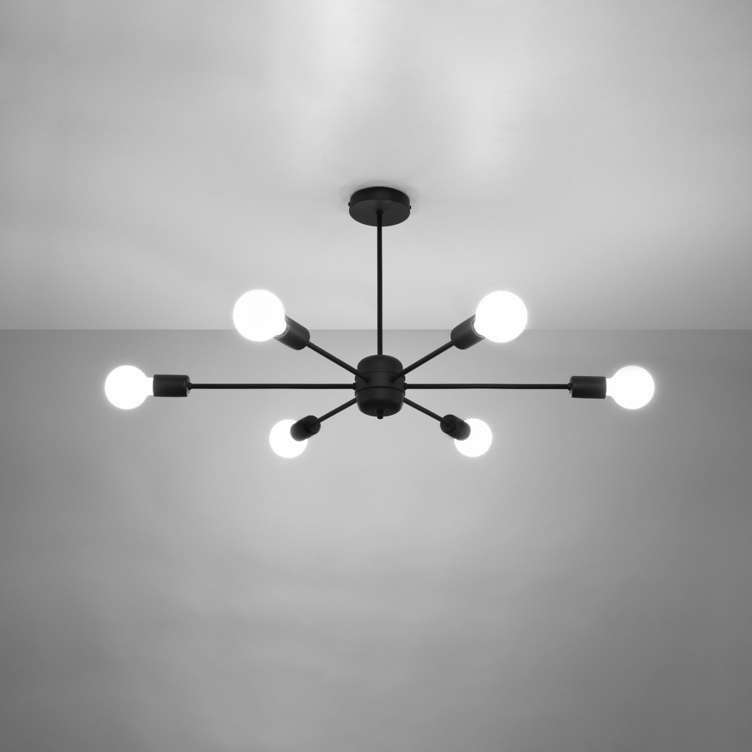 Lustre Lango 6 métal noir allumé, ampoules apparentes allumées