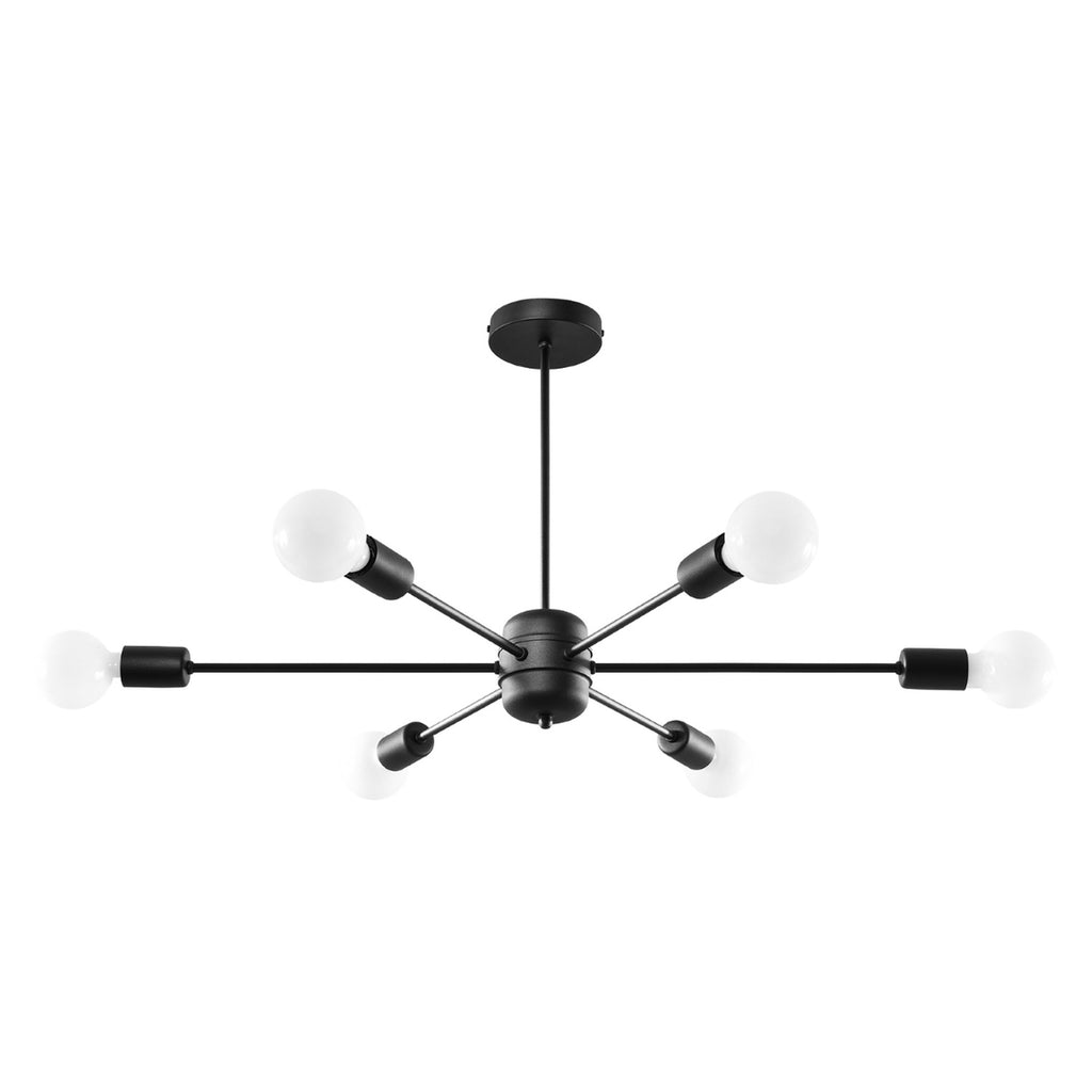 Lustre Lango 6 métal noir, six bras étoilés à ampoules E27 apparentes