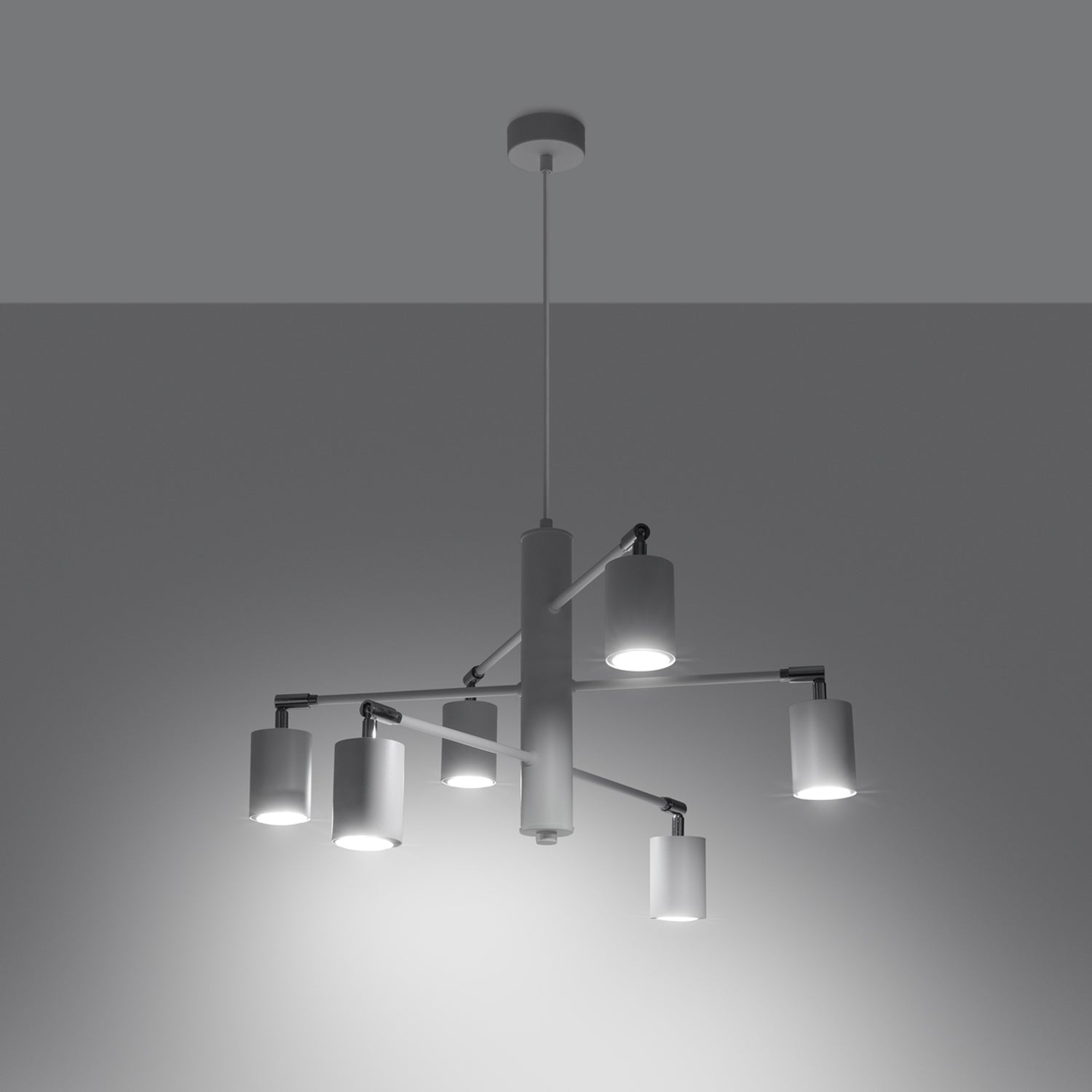 Lustre Lemmi 6 acier blanc GU10 allumé, spots GU10 orientés