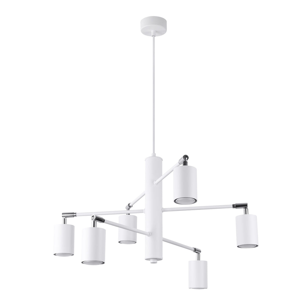 Lustre Lemmi 6 acier blanc GU10, six spots cylindriques orientables autour d'un fût central, façon sputnik
