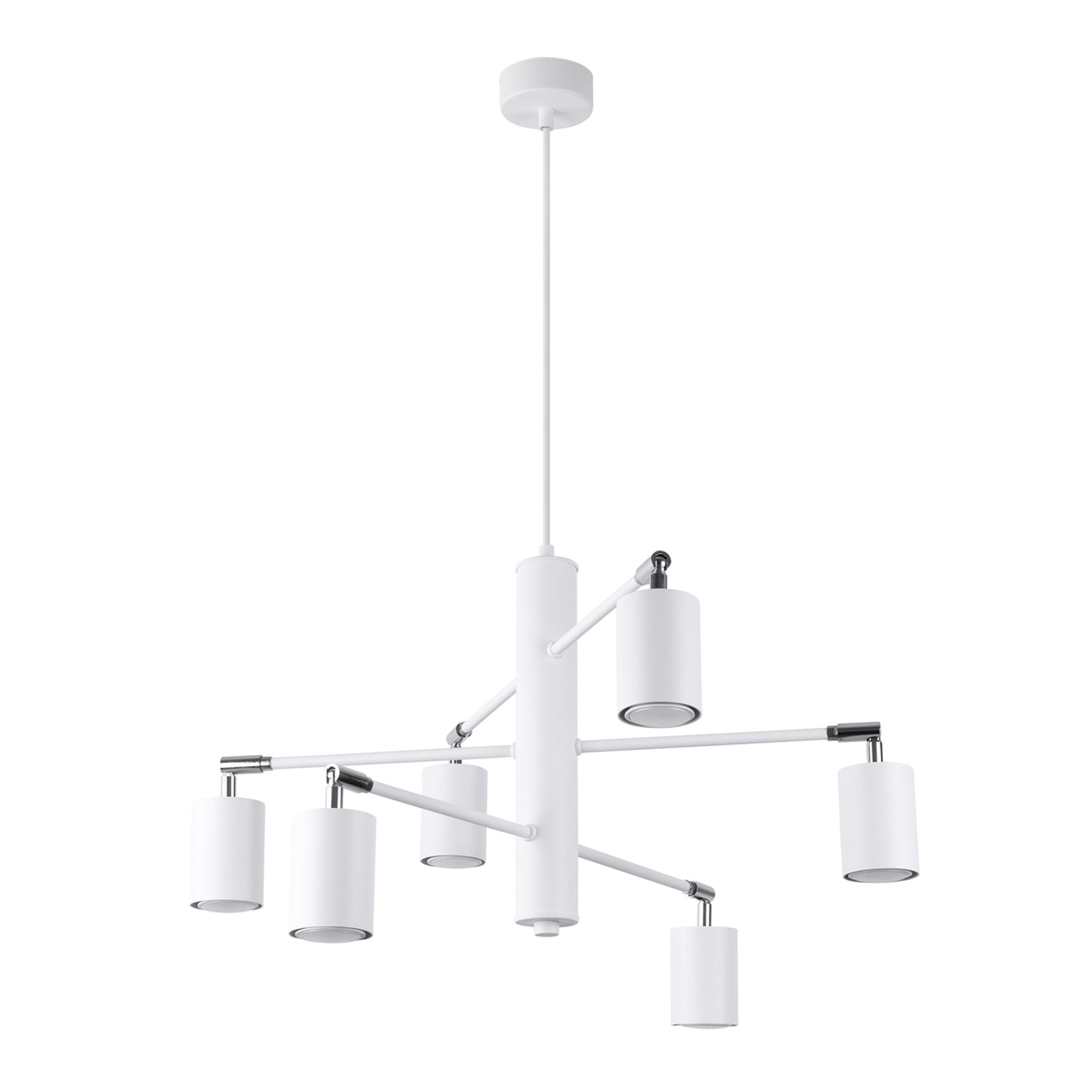 Lustre Lemmi 6 acier blanc GU10, six spots cylindriques orientables autour d'un fût central, façon sputnik