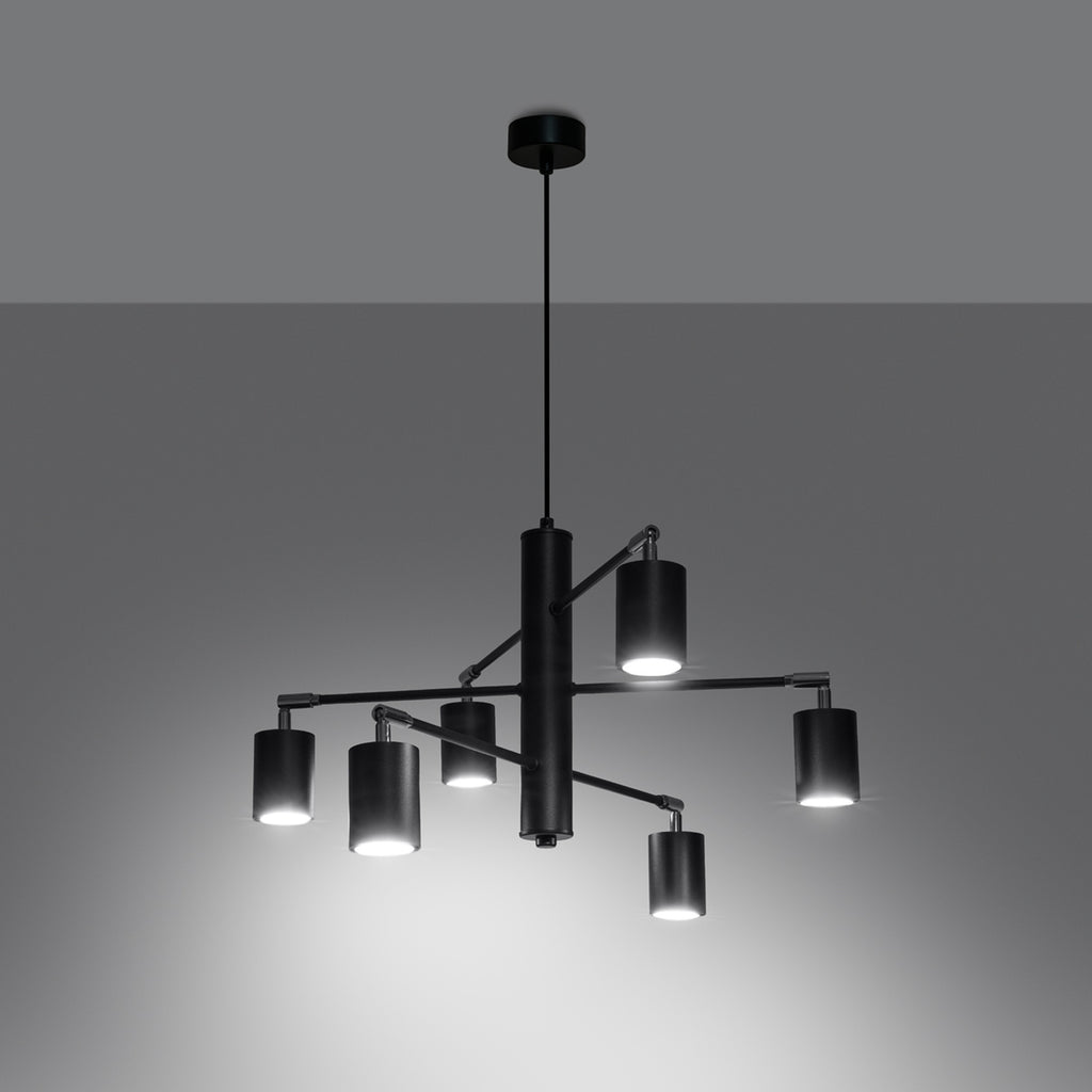 Lustre Lemmi 6 acier noir GU10 allumé, spots GU10 orientés
