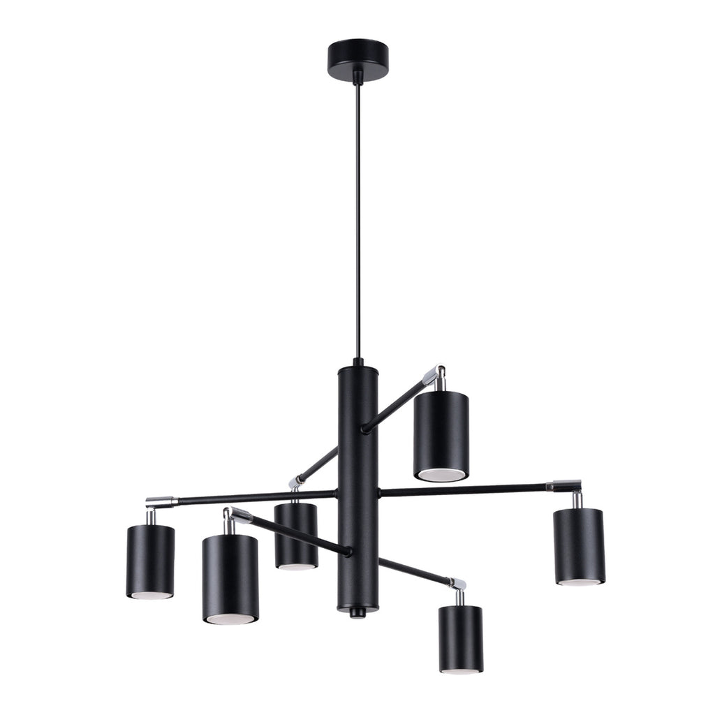 Lustre Lemmi 6 acier noir GU10, six spots cylindriques orientables autour d'un fût central, façon sputnik
