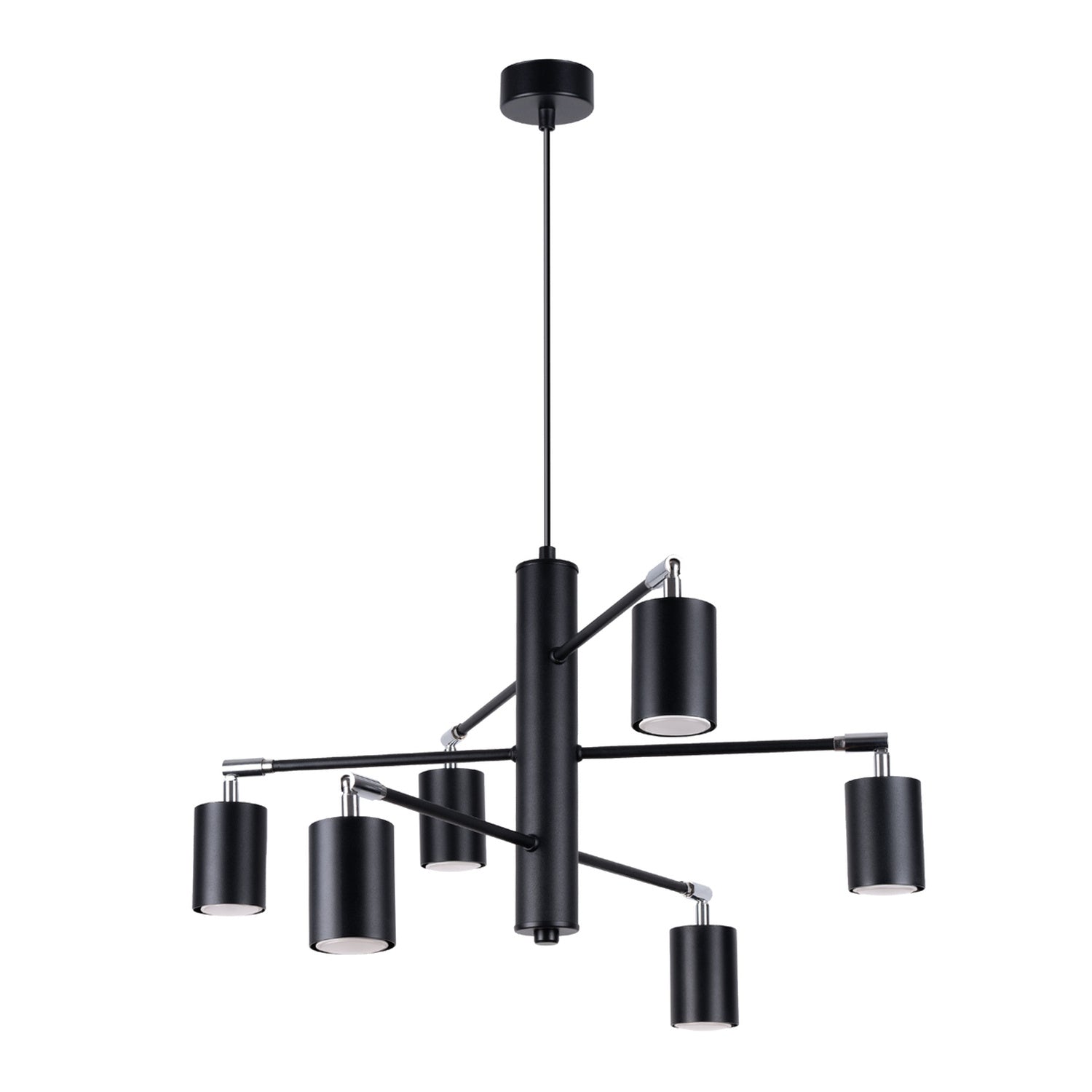 Lustre Lemmi 6 acier noir GU10, six spots cylindriques orientables autour d'un fût central, façon sputnik