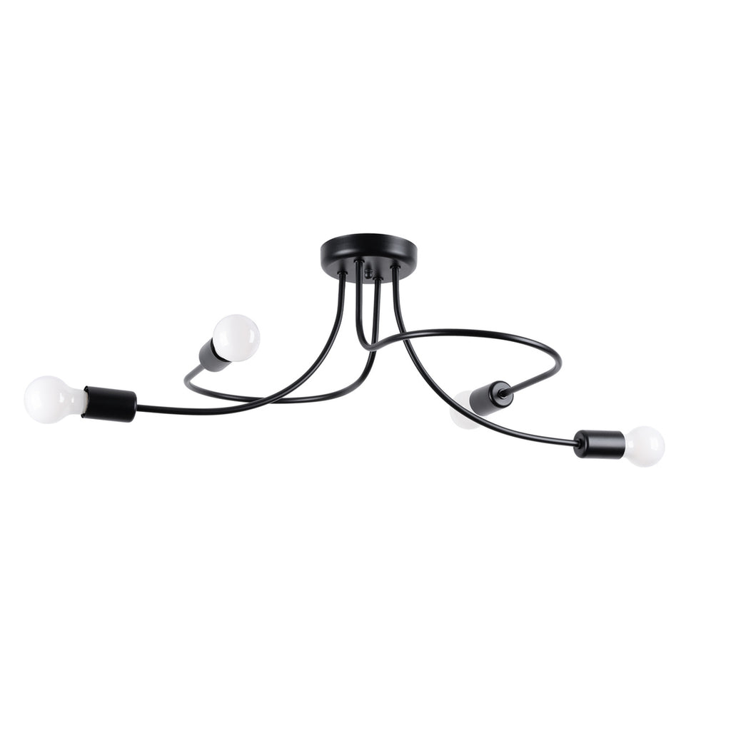 Lustre Levar 4 métal noir E27, bras d'acier bouclés et ampoules apparentes