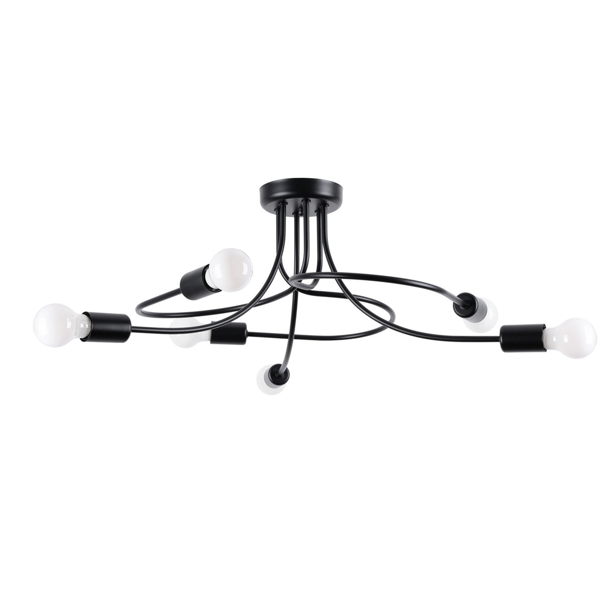 Lustre Levar 6 lumières en acier noir aux bras cintrés autour d'une rosace ronde avec ampoules nues