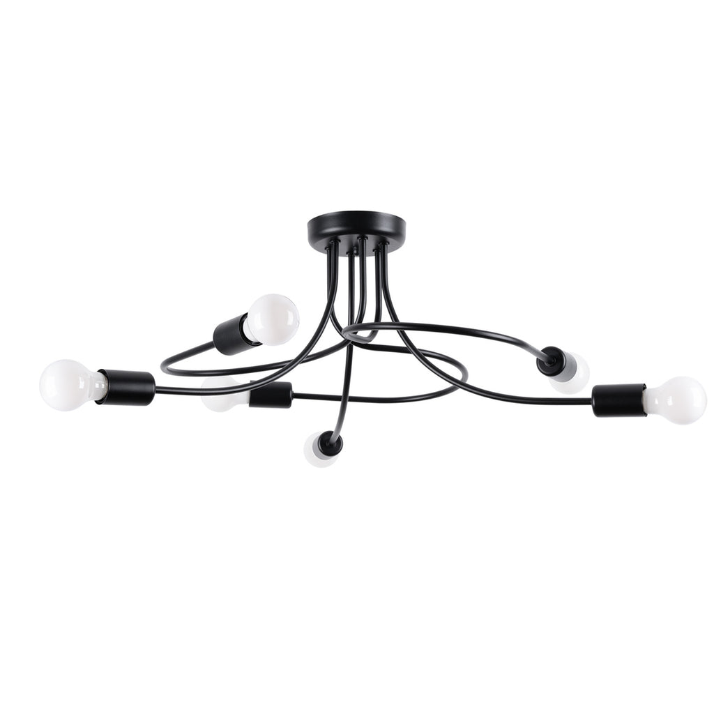 Lustre Levar 6 métal noir E27, bras d'acier bouclés et ampoules apparentes