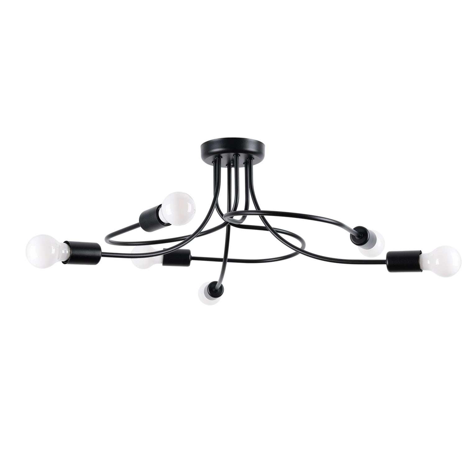 Lustre Levar 6 métal noir E27, bras d'acier bouclés et ampoules apparentes