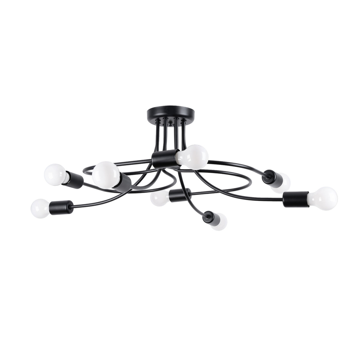 Lustre Levar 8 lumières en acier noir aux bras cintrés autour d'une rosace ronde avec ampoules nues