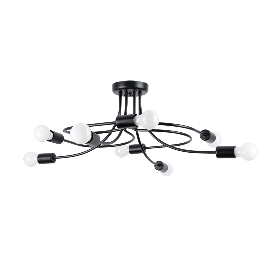Lustre Levar 8 métal noir E27, bras d'acier bouclés et ampoules apparentes