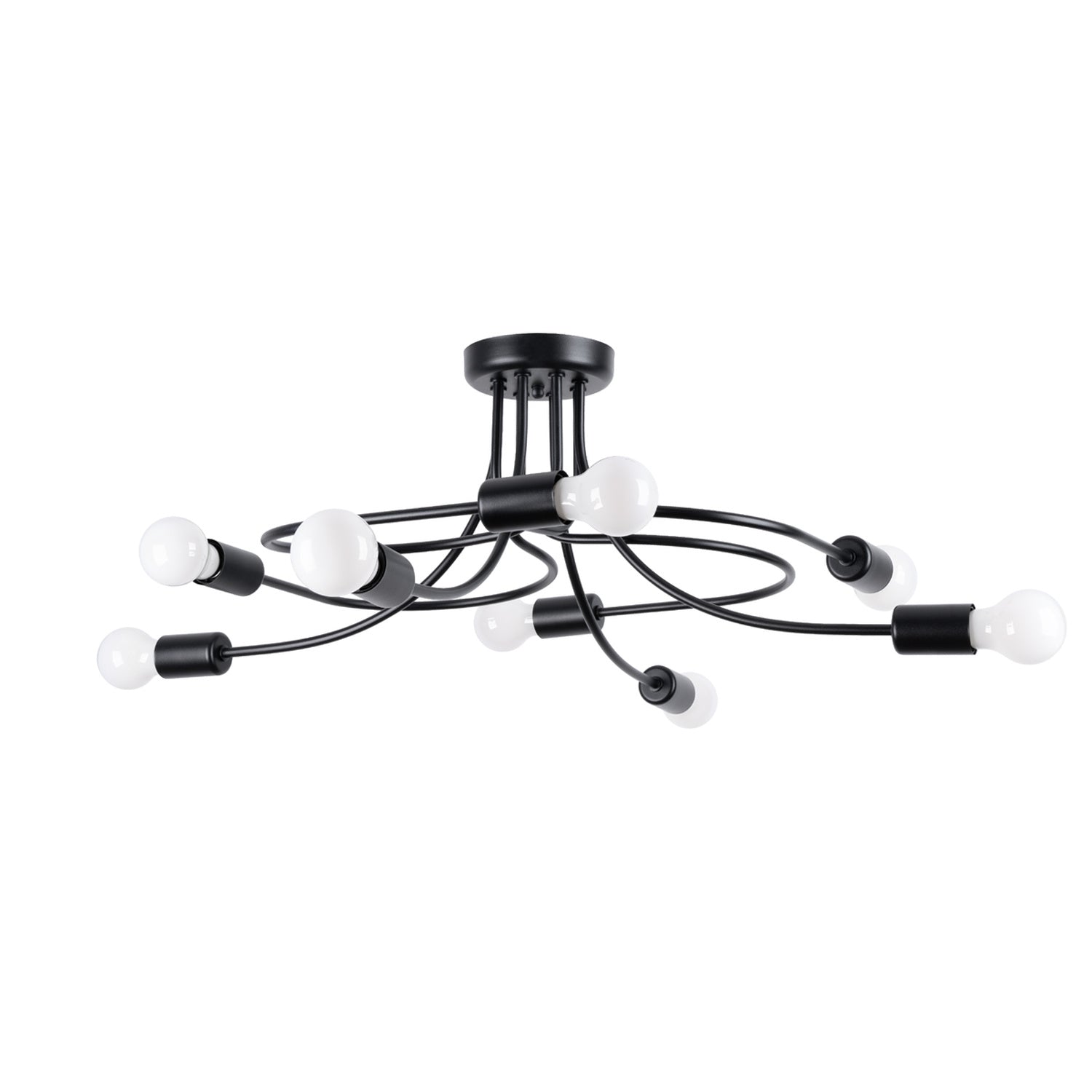 Lustre Levar 8 métal noir E27, bras d'acier bouclés et ampoules apparentes