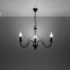 Lustre Minerwa 3 noir allumé, ampoules bougie