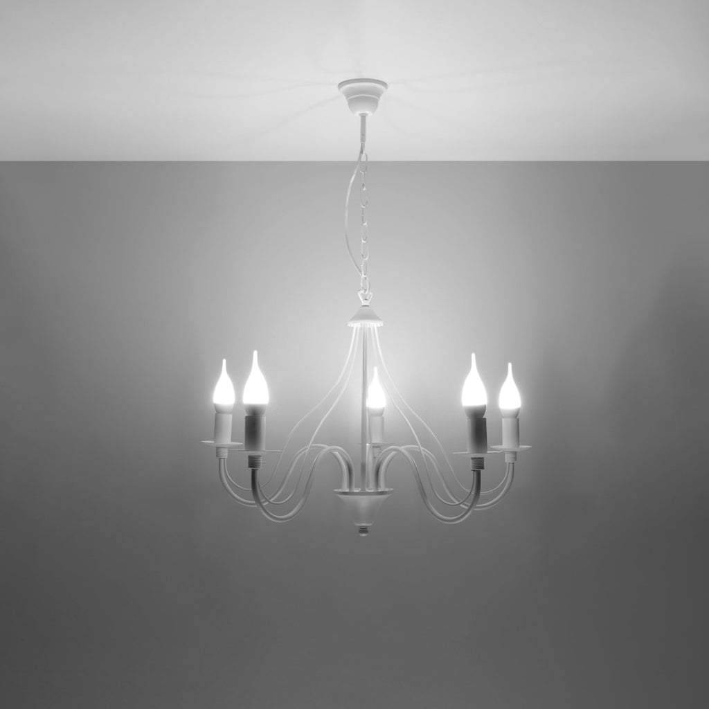Lustre Minerwa 5 blanc allumé, ampoules bougie