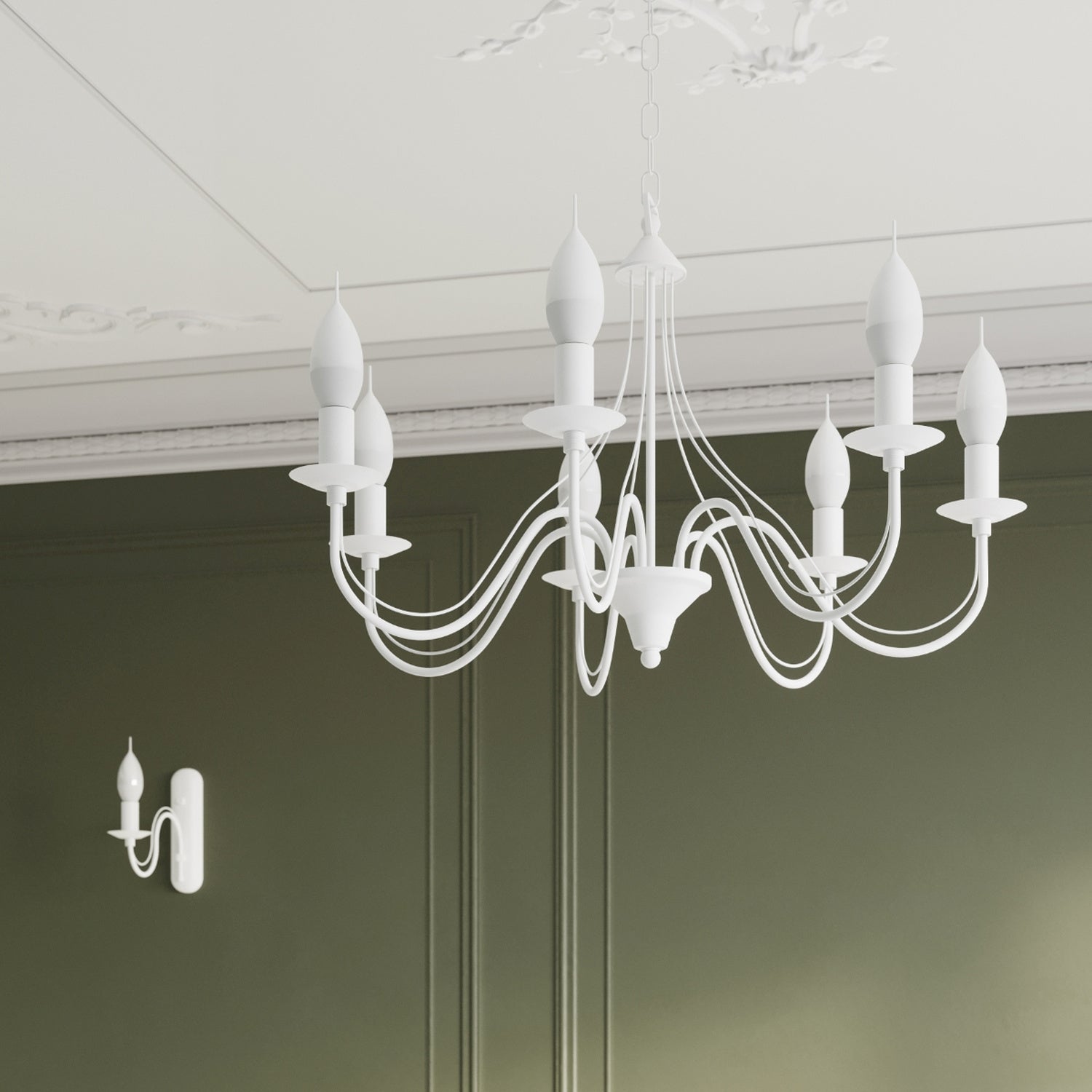 Lustre Minerwa 5 blanc et appliques assorties dans une salle à manger