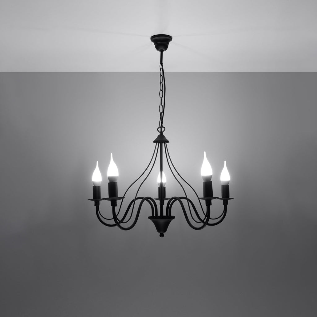 Lustre Minerwa 5 noir allumé, ampoules bougie