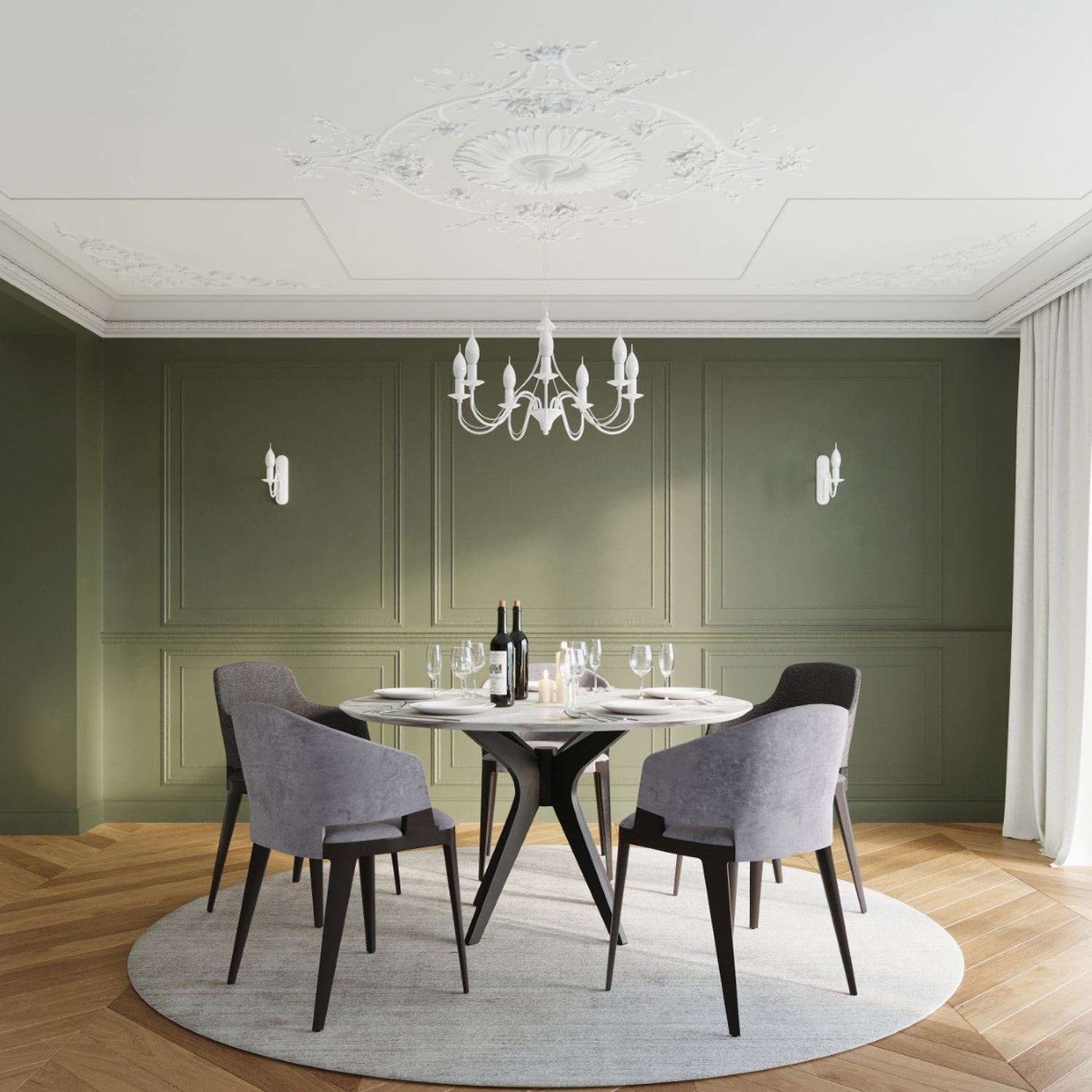 Lustre Minerwa 7 blanc au-dessus d'une table de salle à manger