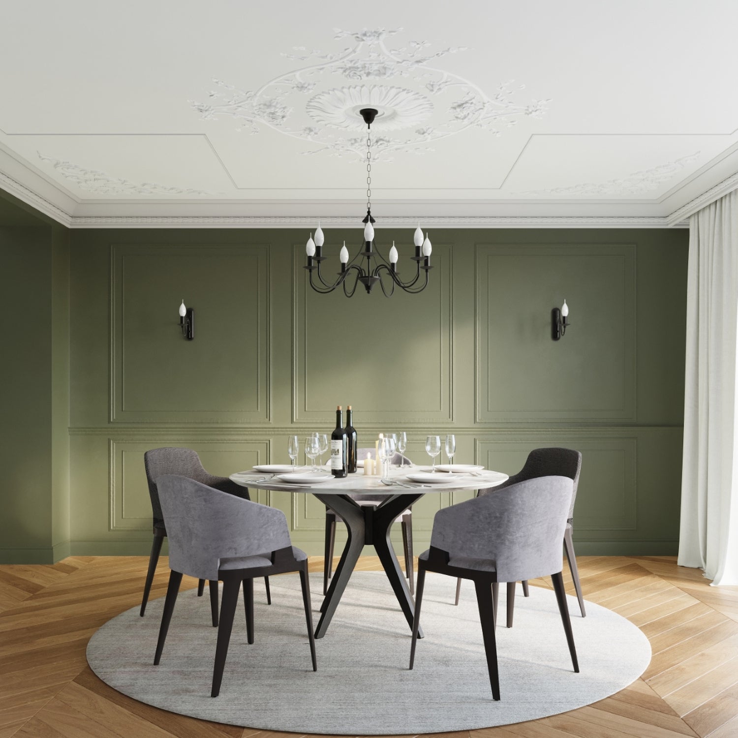 Lustre Minerwa 7 noir au-dessus d'une table de salle à manger