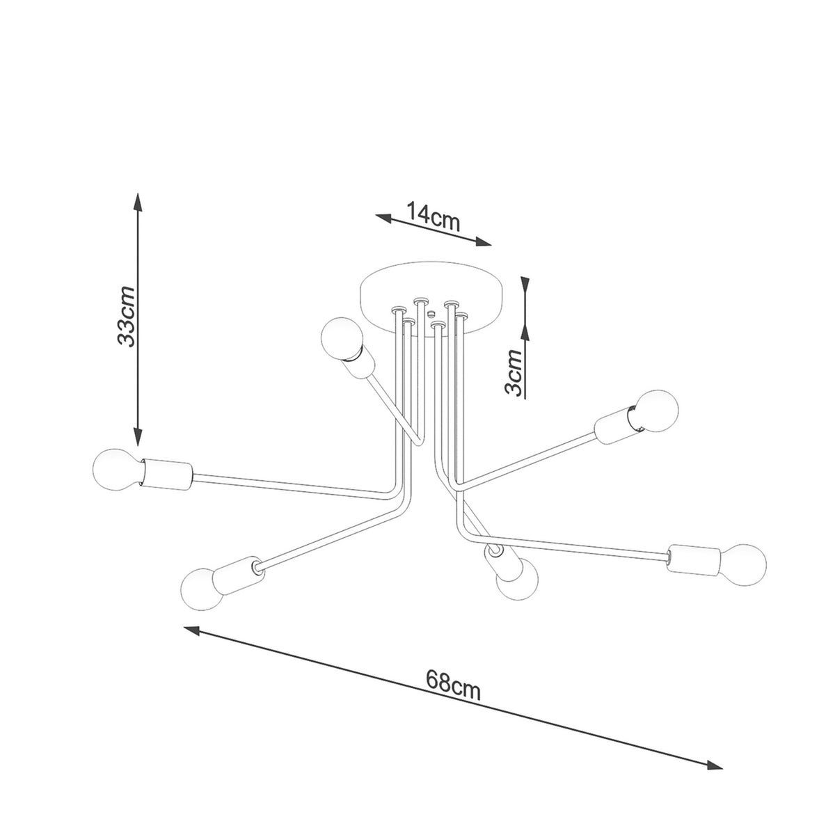 Schéma coté du lustre Norah envergure 68 cm retombée 33 cm et rosace de 14 cm