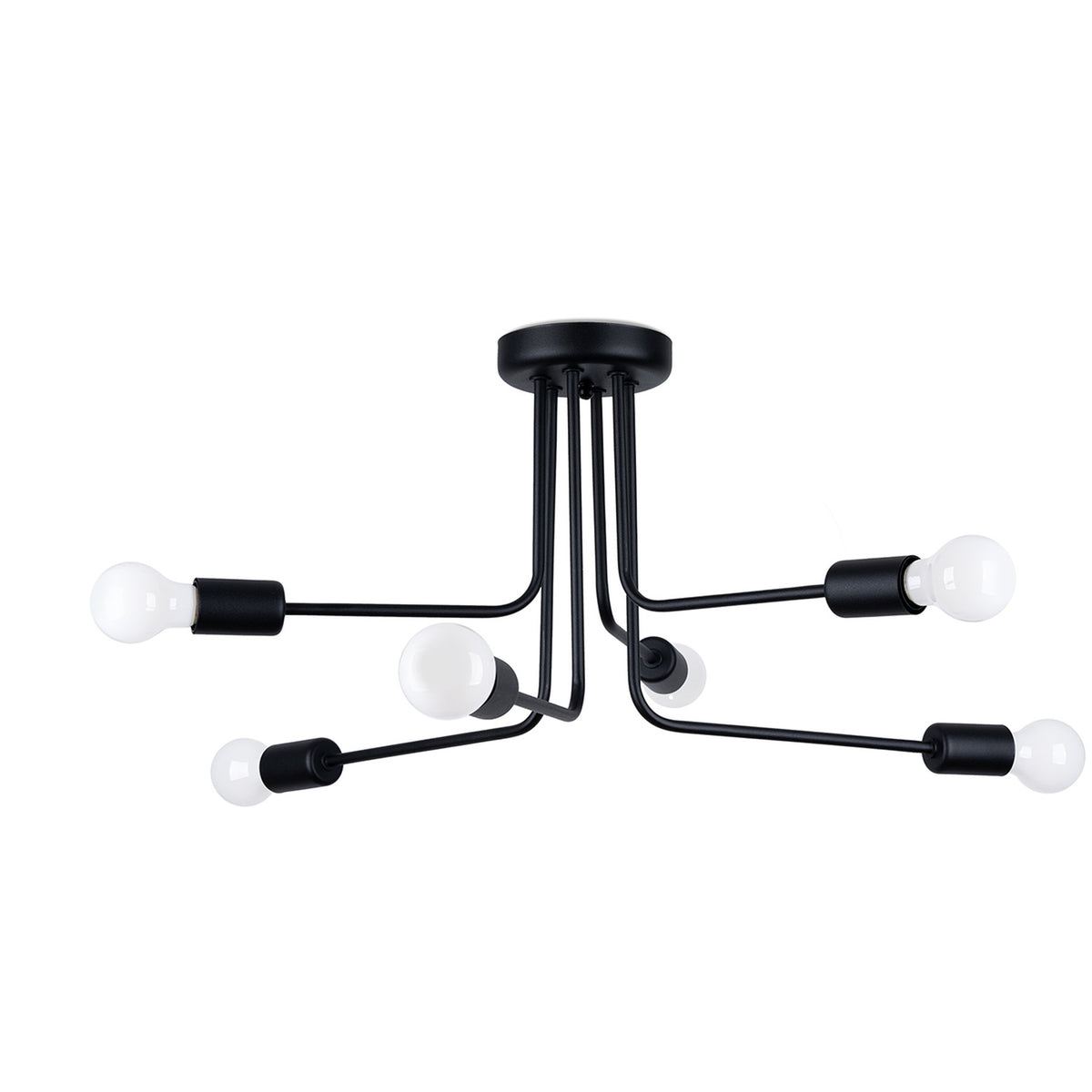 Lustre Norah à six branches d'acier noir vu de trois quarts avec ses ampoules globe apparentes