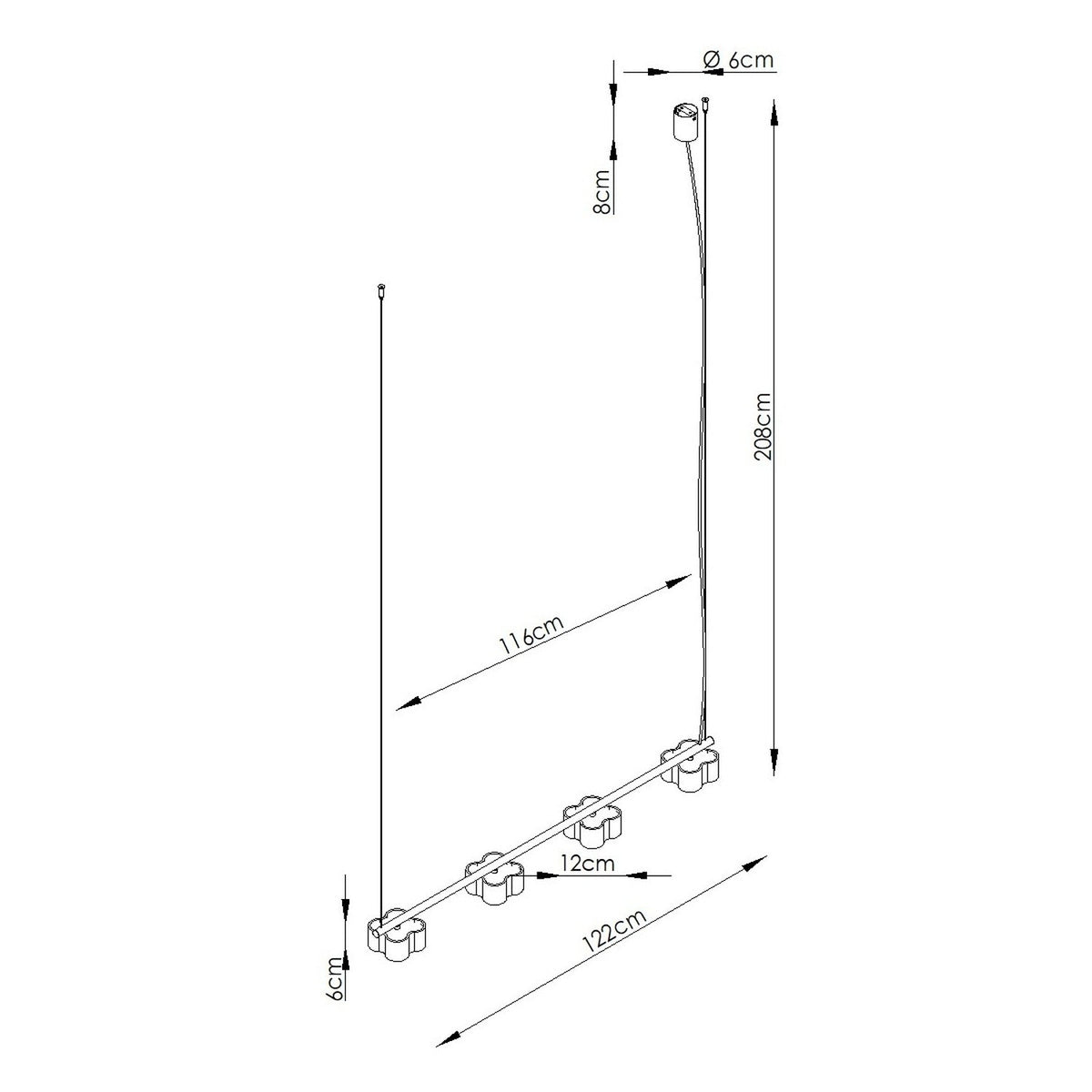 Croquis coté du lustre Ovio 4 avec sa hauteur de 208 cm sa longueur de 122 cm ses têtes et sa rosace