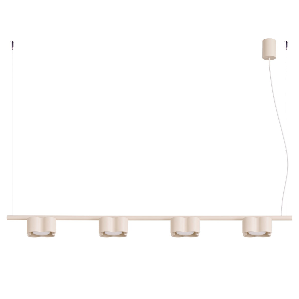 Lustre Ovio 4 laque beige sur fond blanc avec sa barre ses quatre têtes ondulées et sa rosace