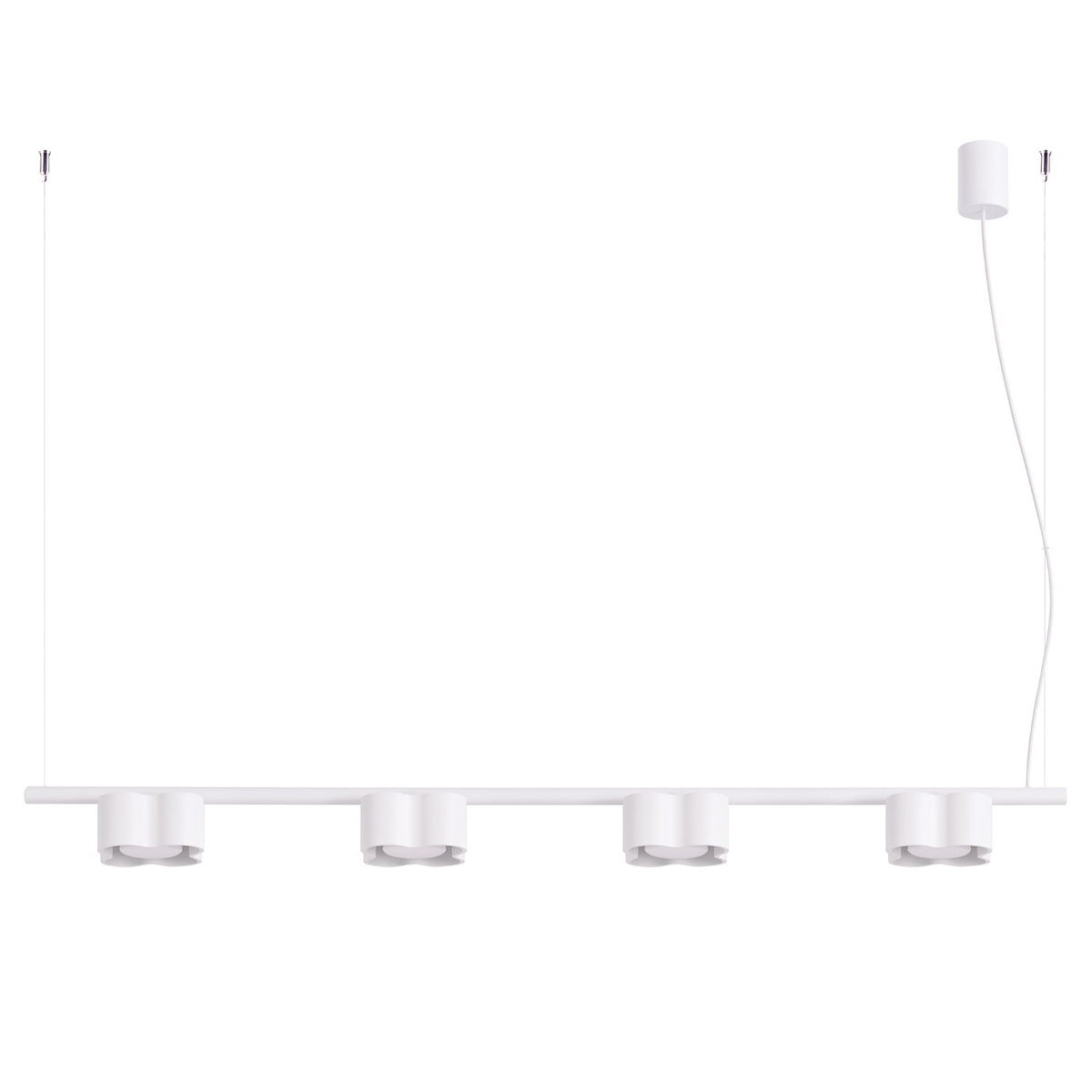 Lustre Ovio 4 laque blanche sur fond blanc avec sa barre ses quatre têtes ondulées et sa rosace