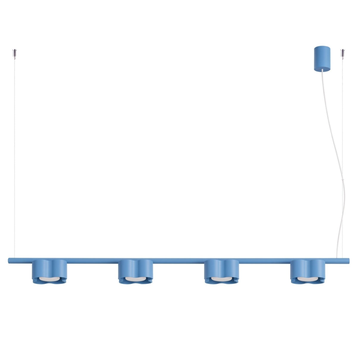 Lustre Ovio 4 laque bleu ciel sur fond blanc avec sa barre ses quatre têtes ondulées et sa rosace