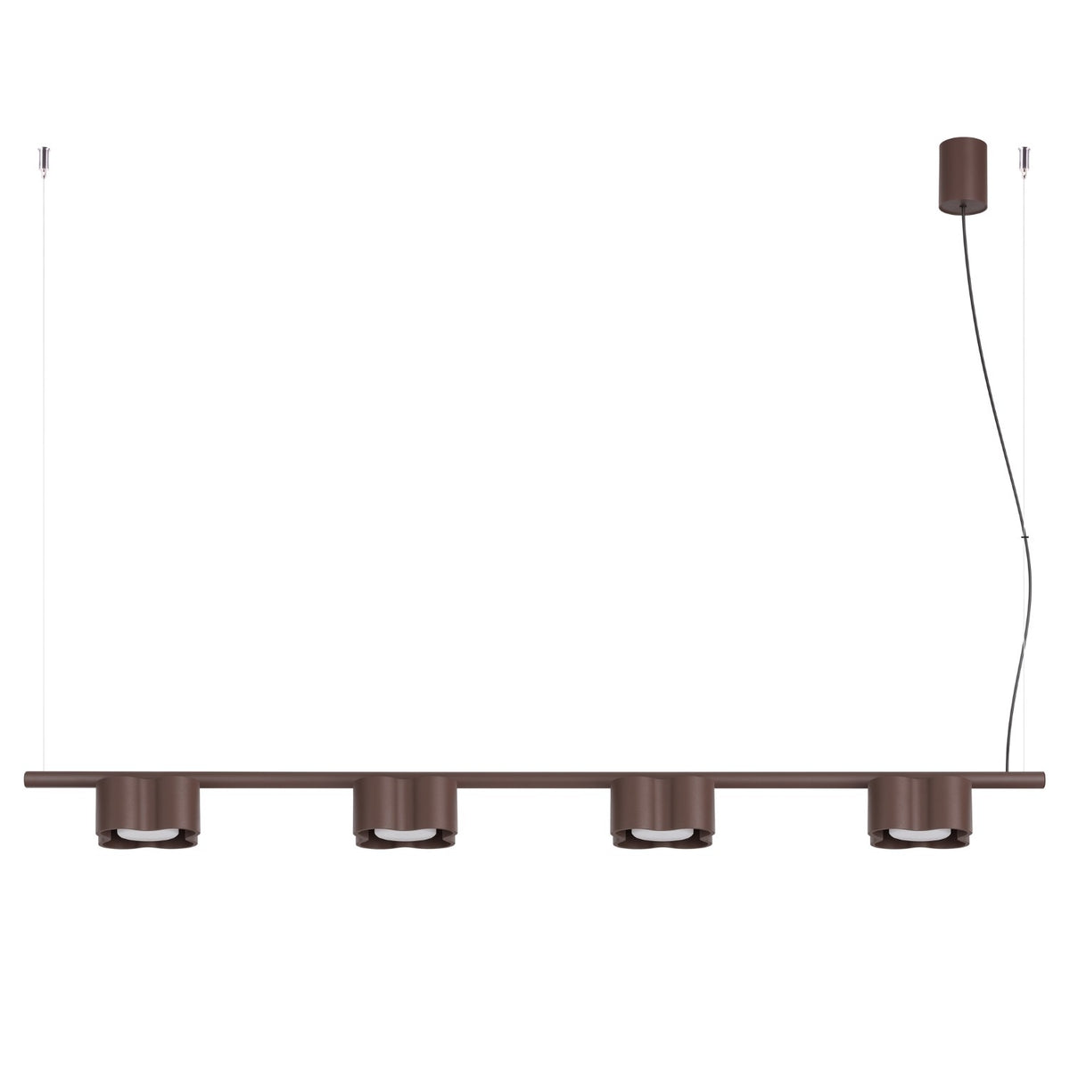 Lustre Ovio 4 laque brune sur fond blanc avec sa barre ses quatre têtes ondulées et sa rosace